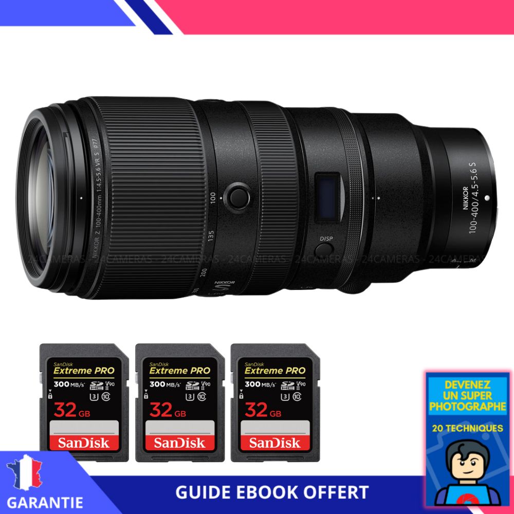 Nikon Z 100-400mm F4.5-5.6 VR S Lens + 3 SanDisk 32GB Extreme PRO UHS-II SDXC Cards 300MB/s + Ebook 'Devenez Un Super Photographe' - Nikon Z Lens for Hybrid Camera