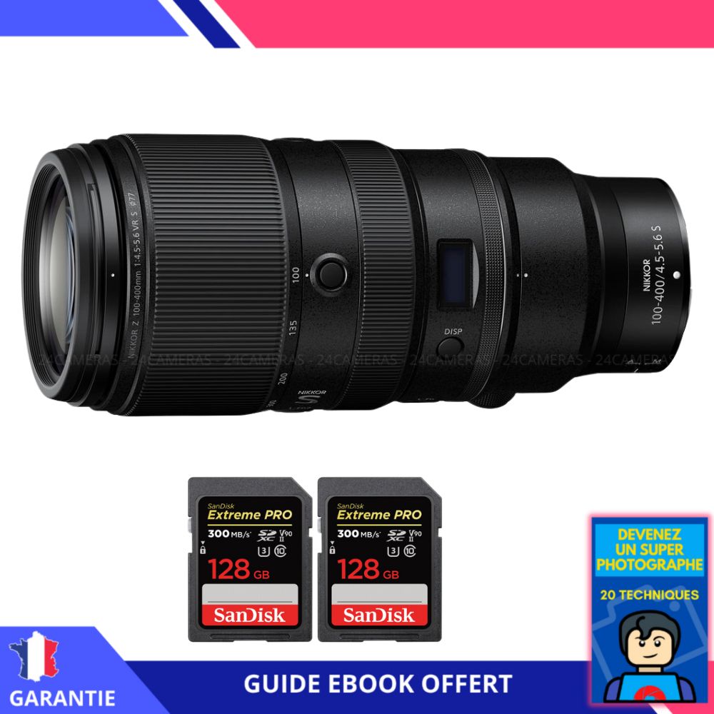 Nikon Z 100-400mm F4.5-5.6 VR S Lens + 2 SanDisk 128GB Extreme PRO UHS-II SDXC Cards 300MB/s + Ebook 'Devenez Un Super Photographe' - Nikon Hybrid Camera Lens