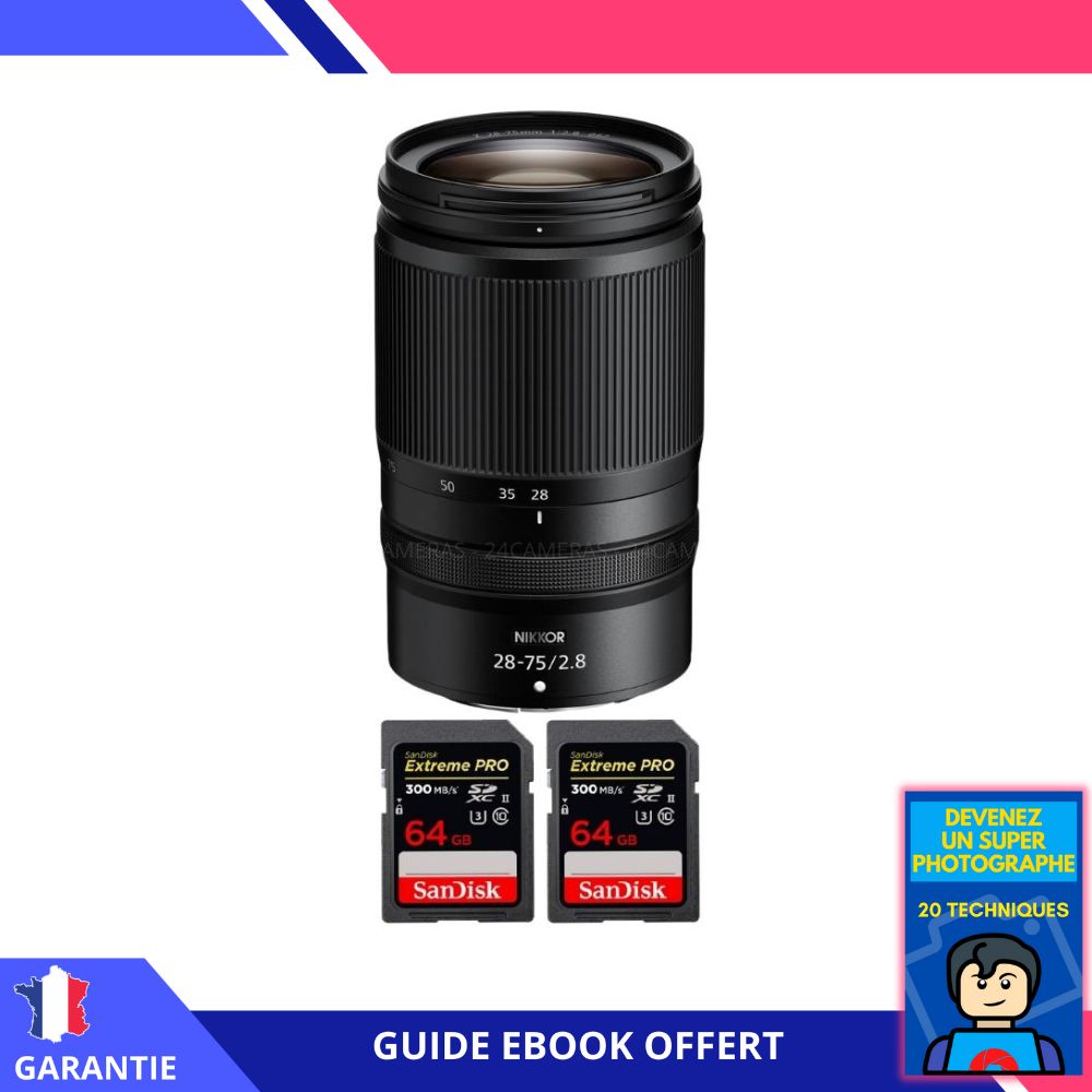 Nikon Z 28-75mm F2.8 Lens + 2 SanDisk 64GB Extreme PRO UHS-II SDXC Cards + 'Become a Super Photographer' Ebook - Nikon Hybrid Camera Lens