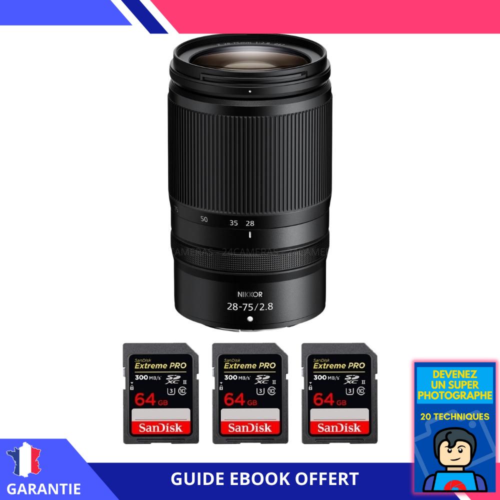 Nikon Z 28-75mm F2.8 Lens + 3 SanDisk 64GB Extreme PRO UHS-II SDXC Cards + 'Become a Super Photographer' Ebook - Nikon Hybrid Camera Lens