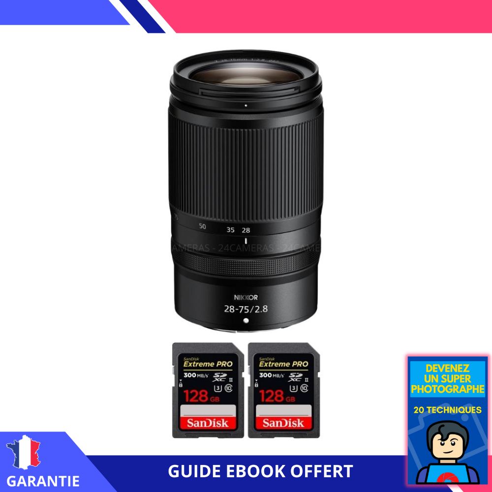 Nikon Z 28-75mm F2.8 Lens + 2x 128GB SanDisk Extreme PRO UHS-II SDXC Cards + 'Become a Super Photographer' Ebook - Nikon Hybrid Camera Lens