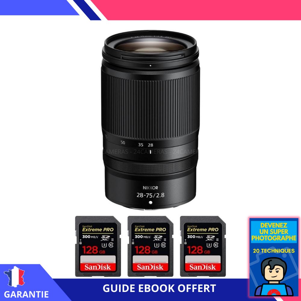 Nikon Z 28-75mm F2.8 Lens + 3 SanDisk 128GB Extreme PRO UHS-II SDXC Cards + 'Become a Super Photographer' Ebook - Nikon Hybrid Camera Lens