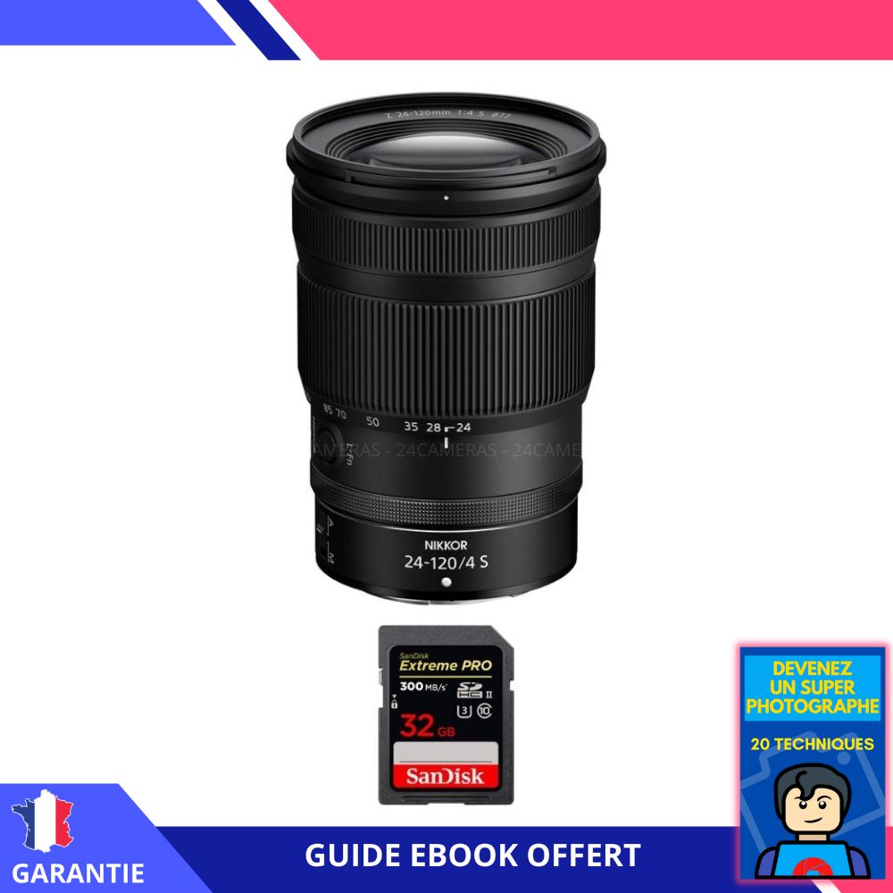 Nikon Z 24-120mm F4 S Lens + 32GB SanDisk Extreme PRO UHS-II SDXC Card + 'Become a Super Photographer' Ebook - Nikon Hybrid Camera Lens