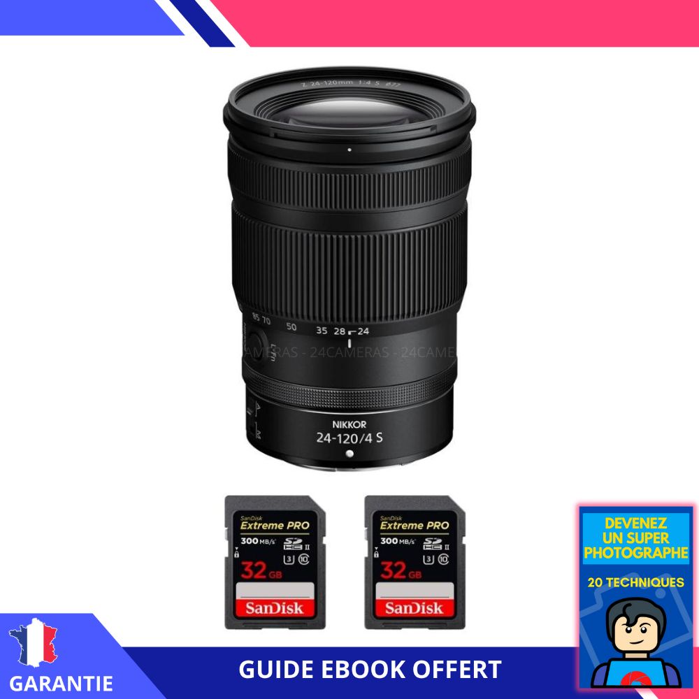Nikon Z 24-120mm F4 S Lens + 2 SanDisk 32GB Extreme PRO UHS-II SDXC Cards + 'Become a Super Photographer' Ebook - Nikon Z Lens for Hybrid Camera