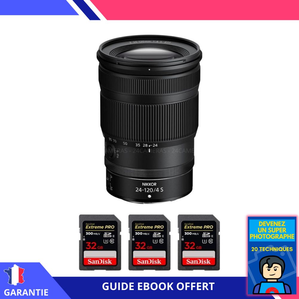 Nikon Z 24-120mm F4 S Lens + 3 SanDisk 32GB Extreme PRO UHS-II SDXC Cards + 'Become a Super Photographer' Ebook - Nikon Hybrid Camera Lens