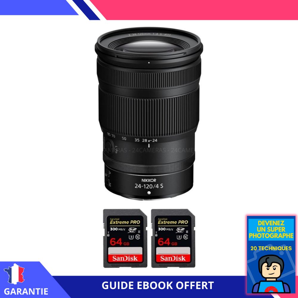 Nikon Z 24-120mm F4 S Lens + 2x 64GB SanDisk Extreme PRO UHS-II SDXC Cards + 'Become a Super Photographer' Ebook - Nikon Hybrid Camera Lens