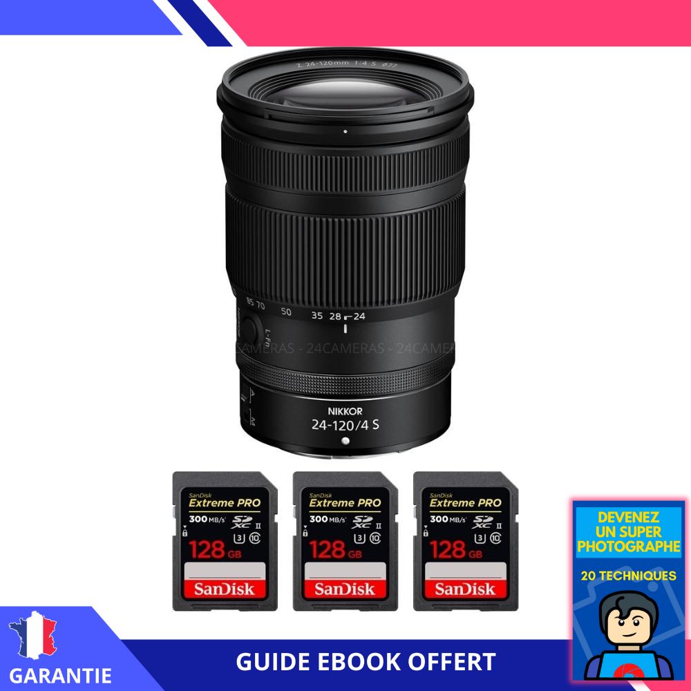 Nikon Z 24-120mm F4 S Lens + 3 SanDisk 128GB Extreme PRO UHS-II SDXC Cards + 'Become a Super Photographer' Ebook - Nikon Hybrid Camera Lens