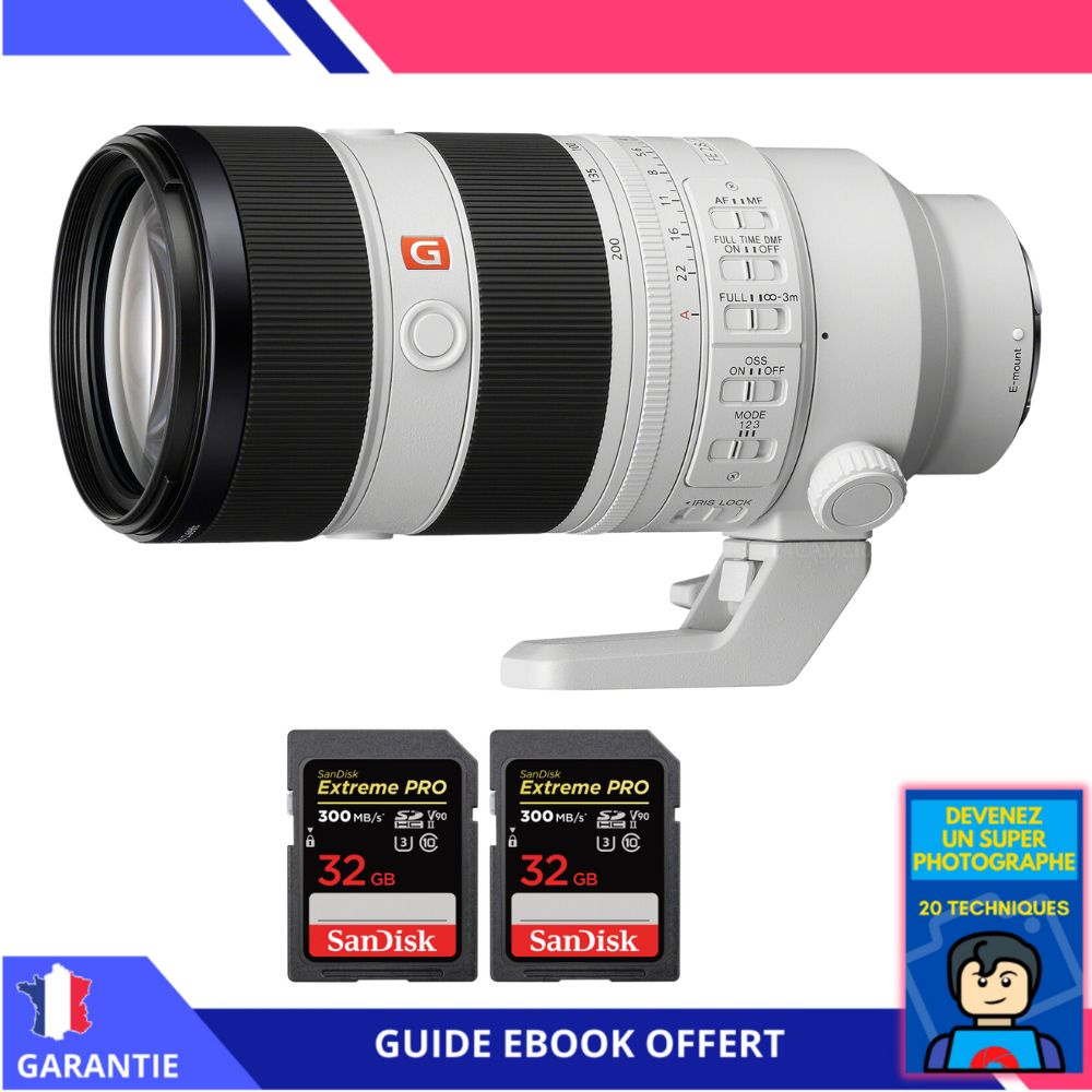 Sony FE 70-200mm F2.8 GM OSS II Lens + 2 SanDisk 32GB Extreme PRO UHS-II SDXC Cards + Ebook 'Devenez Un Super Photographe' - Sony Hybrid Camera Lens