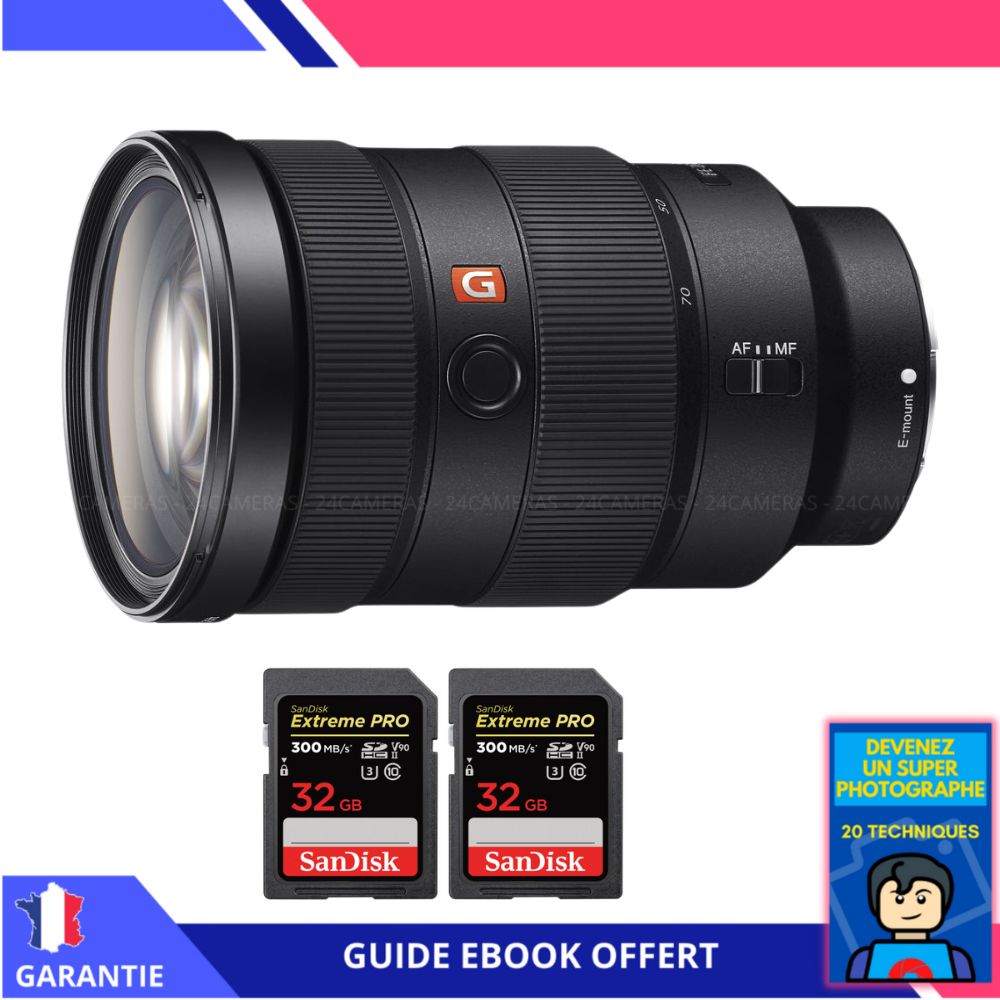 Objectif Sony FE 24-70mm f/2.8 GM + 2 cartes SD SanDisk 32Go Extreme PRO UHS-II + ebook 'Devenez un super photographe' - Objectif Sony FE pour appareils hybrides