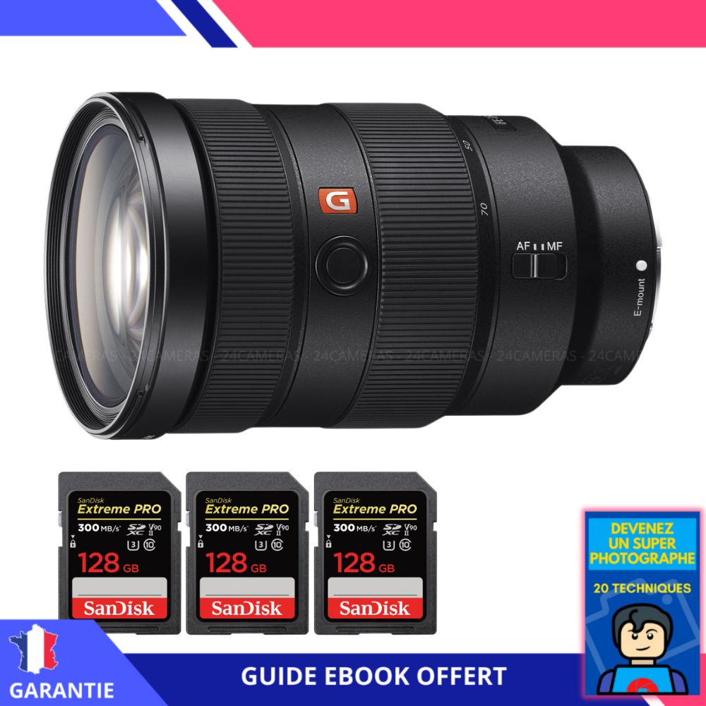 Sony FE 24-70mm f/2.8 GM Lens + 3 SanDisk 128GB Extreme PRO UHS-II SDXC Cards + 'Become a Super Photographer' Ebook - Sony FE Lens for Hybrid Cameras