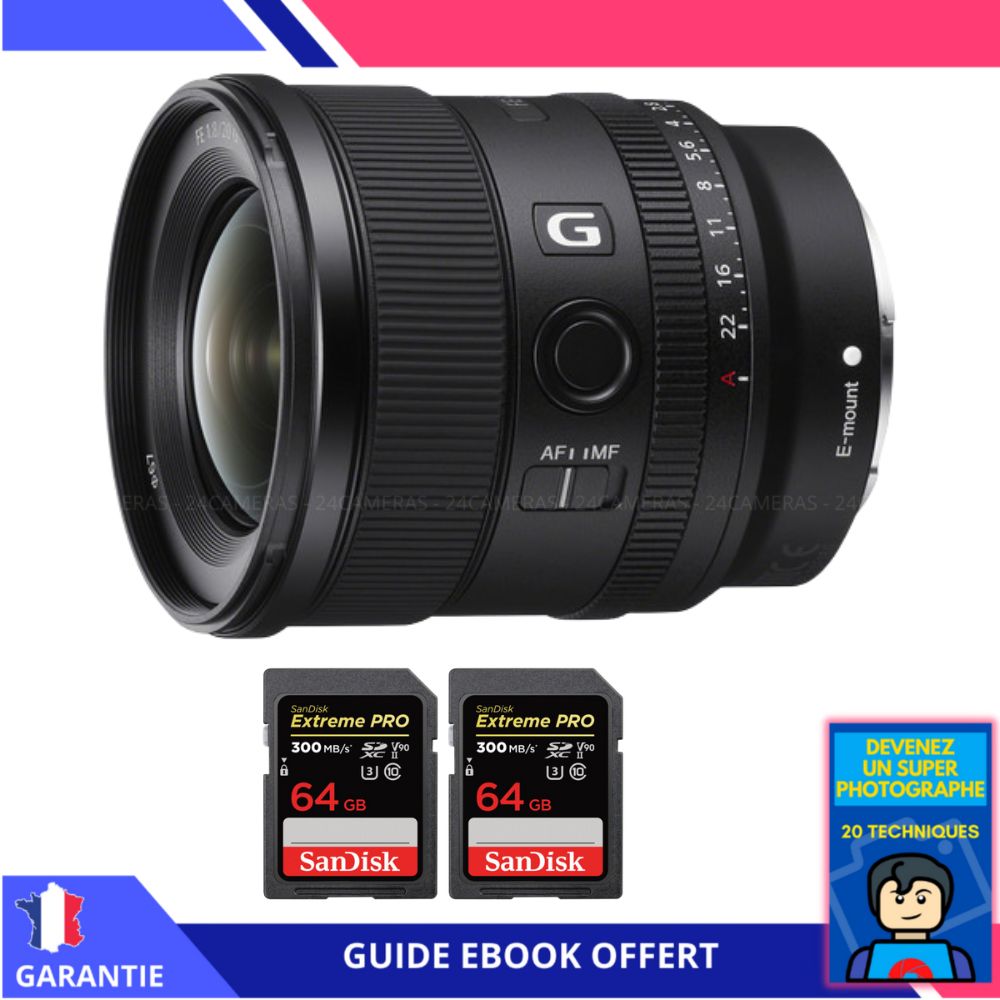 Sony FE 20mm f/1.8 G Lens + 2 SanDisk 64GB Extreme PRO SD Cards + Ebook - 'Become a Super Photographer'