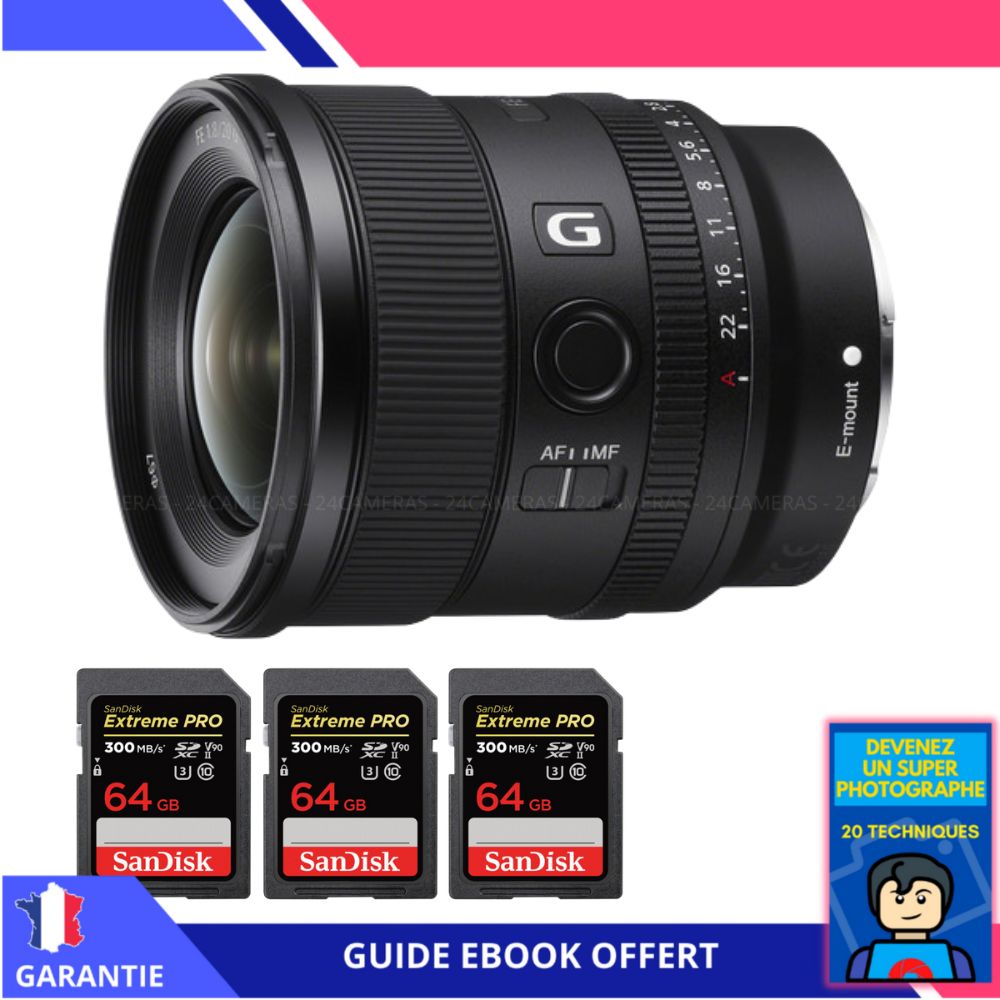 Sony FE 20mm f/1.8 G Lens + 3 SanDisk 64GB Extreme PRO SD Cards + 'Become a Super Photographer' Ebook - Sony Hybrid Camera Lens