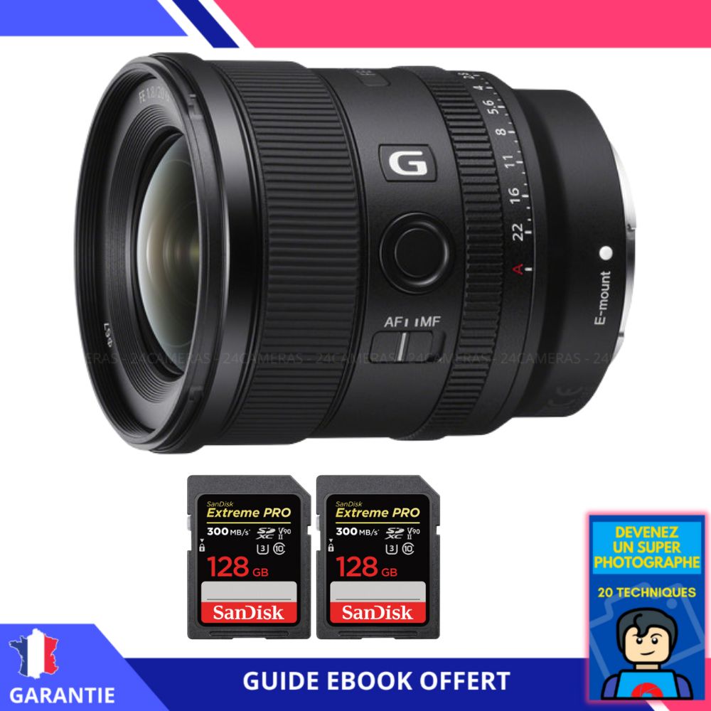 Sony FE 20mm f/1.8 G Lens + 2x SanDisk 128GB Extreme PRO UHS-II SDXC Cards + Ebook: 'Become a Super Photographer'
