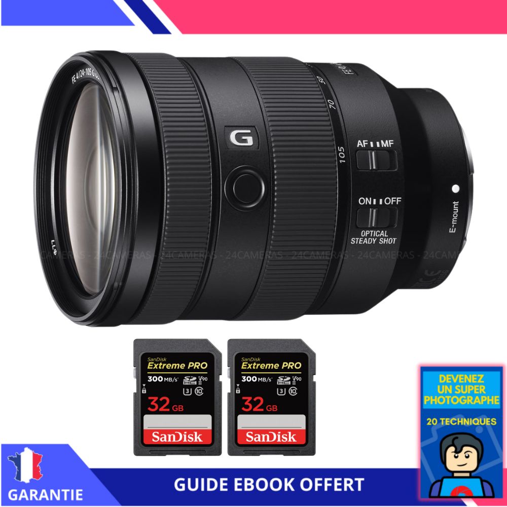 Sony FE 24-105mm f/4 G OSS Lens + 2 SanDisk 32GB Extreme PRO SDXC Cards + Ebook 'Become a Super Photographer'
