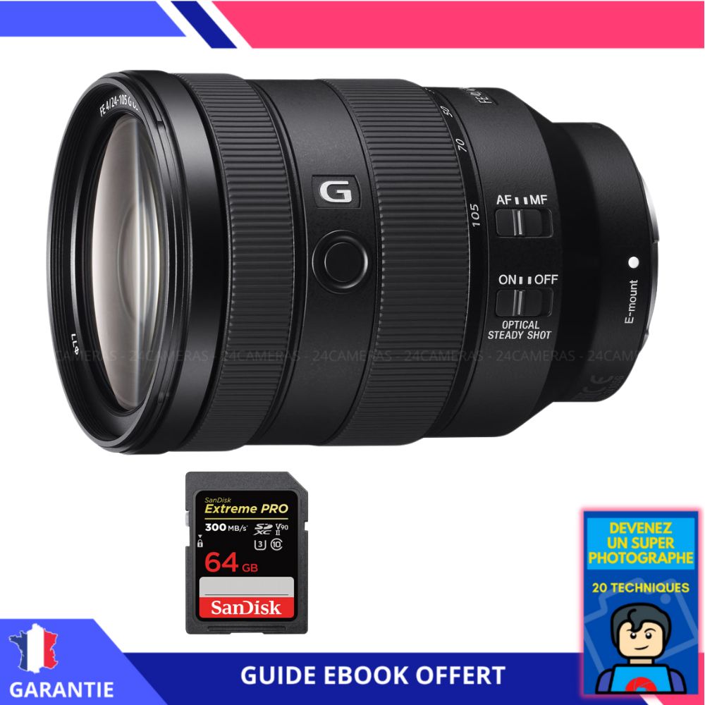 Sony FE 24-105mm f/4 G OSS Lens + 64GB SanDisk Extreme PRO UHS-II SDXC Card + 'Become a Super Photographer' Ebook - Sony Hybrid Camera Lens