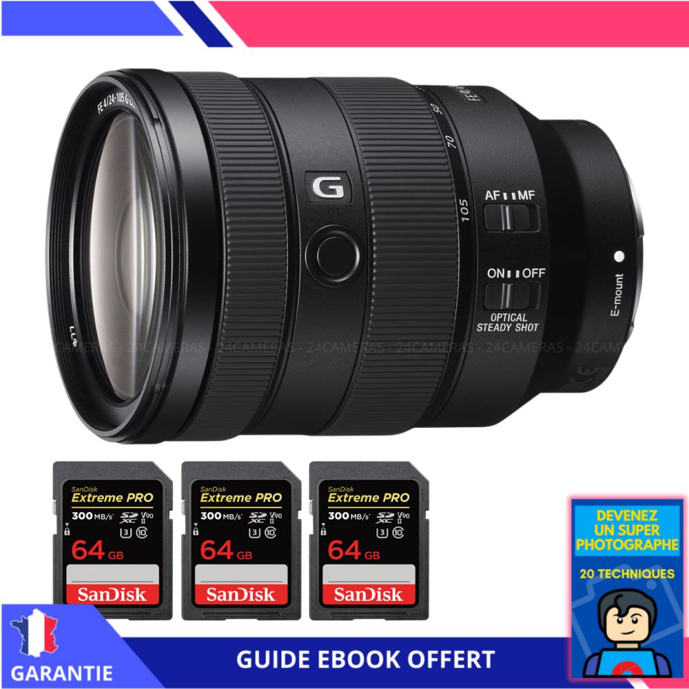 Sony FE 24-105mm f/4 G OSS Lens + 3 SanDisk 64GB Extreme PRO SDXC Cards + 'Become a Super Photographer' Ebook - Sony Hybrid Camera Lens