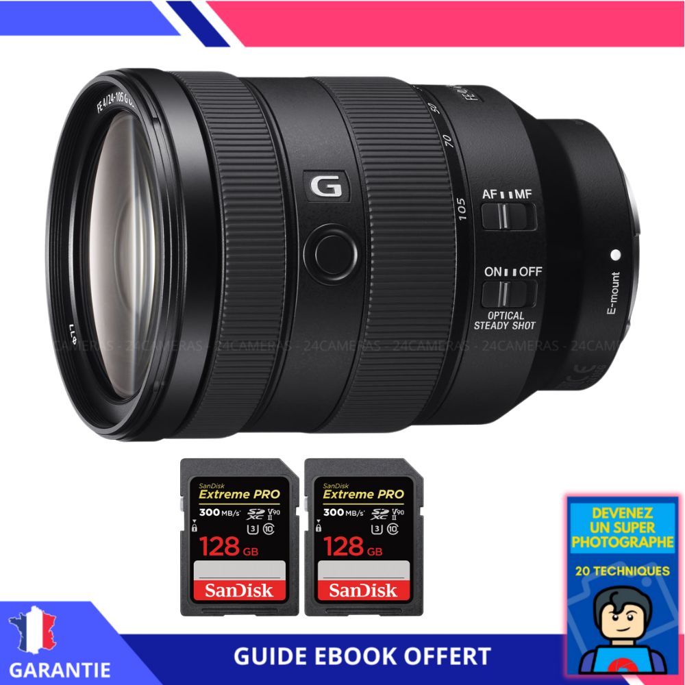 Sony FE 24-105mm f/4 G OSS Lens + 2x 128GB SanDisk Extreme PRO UHS-II Cards + Ebook: 'Become a Super Photographer' - Sony E-mount Lens