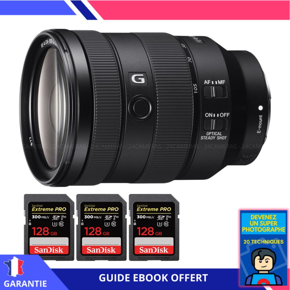 Sony FE 24-105mm f/4 G OSS Lens + 3 SanDisk 128GB Extreme PRO UHS-II 300MB/s Cards + Ebook 'Become a Super Photographer' - Sony Hybrid Camera Lens