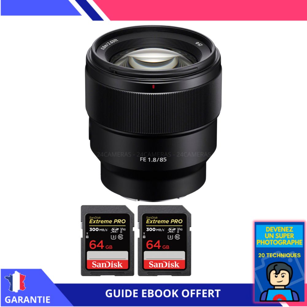 Sony FE 85mm f/1.8 Lens + 2x 64GB SanDisk Extreme PRO UHS-II SDXC Cards + 'Become a Super Photographer' Ebook - Sony Full Frame Camera Lens