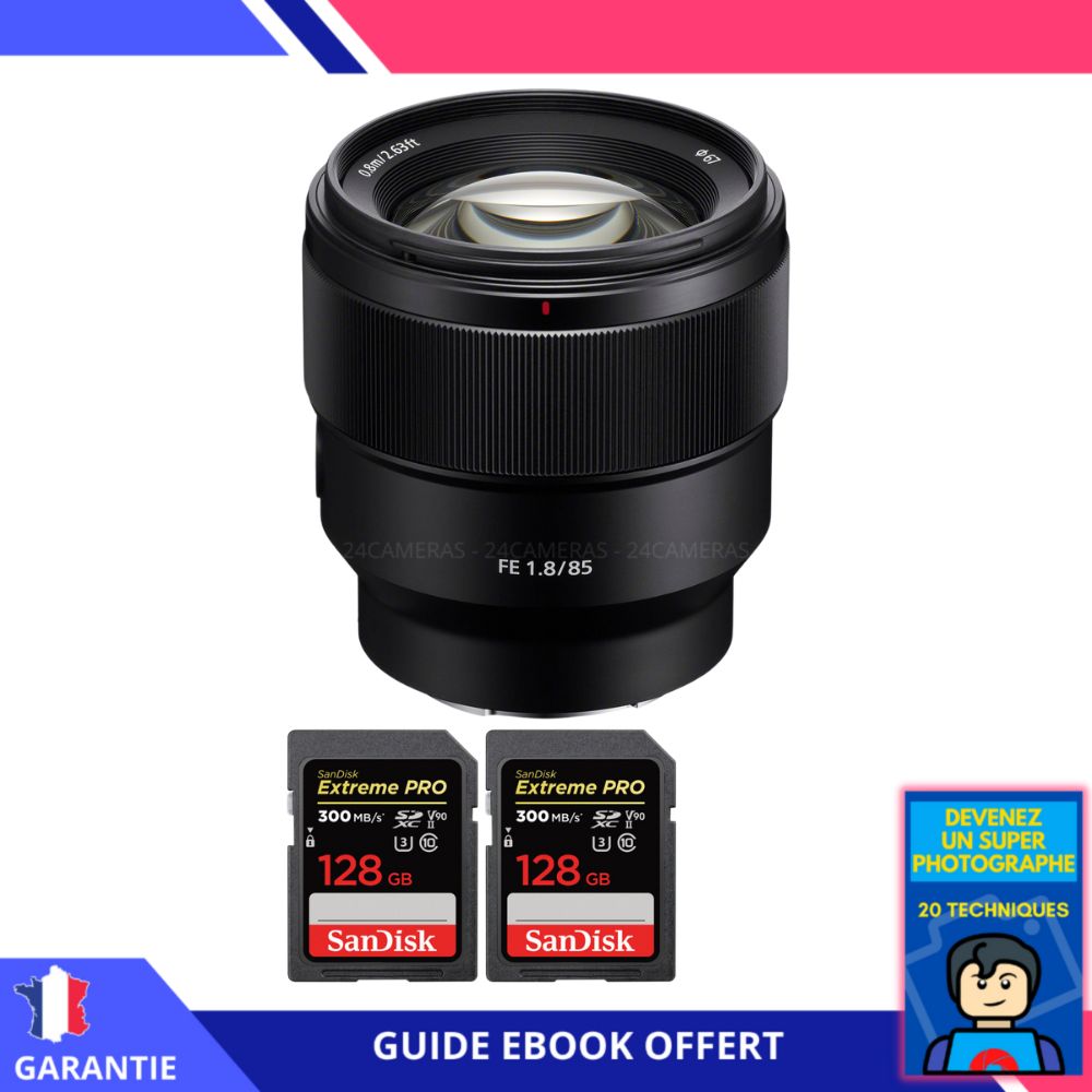 Sony FE 85mm f/1.8 Lens + 2x 128GB SanDisk Extreme PRO UHS-II SDXC Cards + 'Become a Super Photographer' eBook - Sony Full Frame Lens