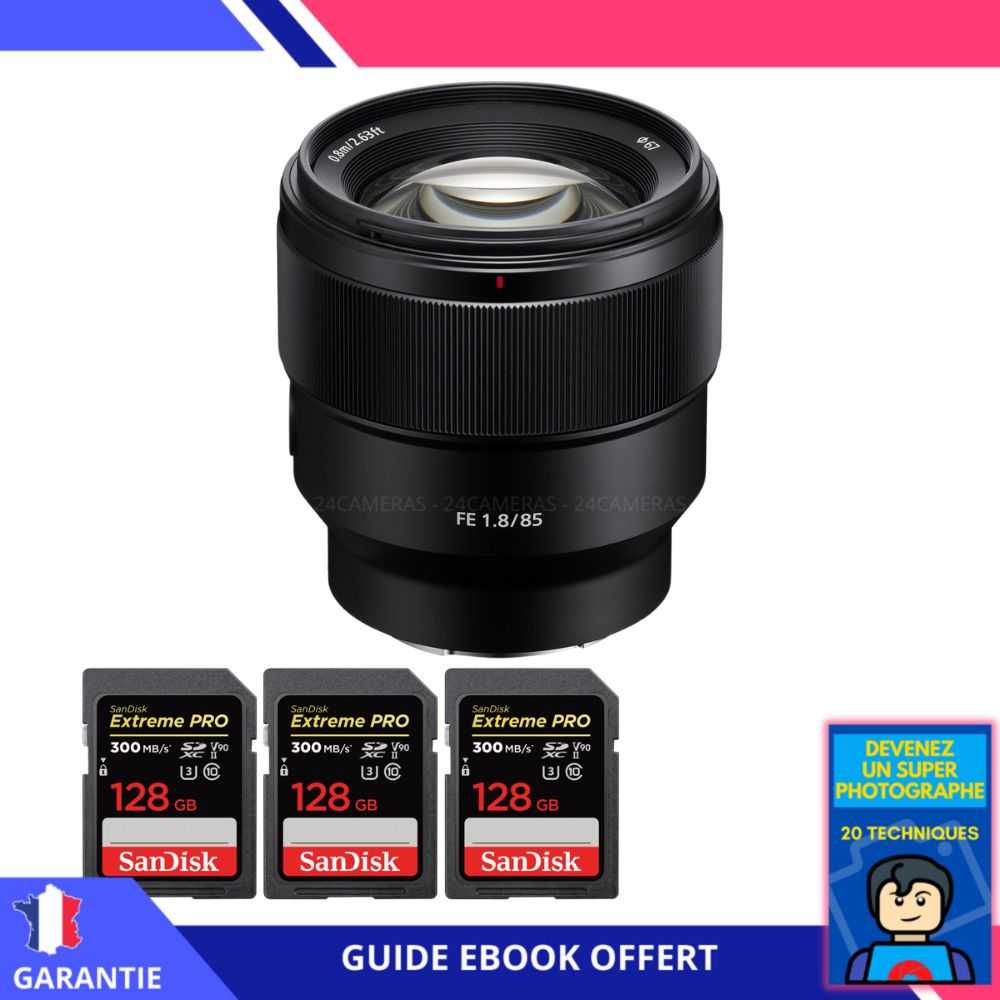 Sony FE 85mm f/1.8 Lens + 3 SanDisk 128GB Extreme PRO UHS-II SDXC Cards + 'Become a Super Photographer' Ebook - Sony Full Frame Lens