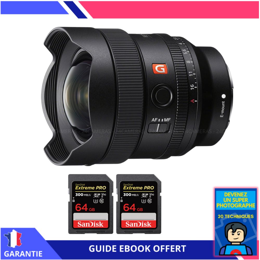 Sony FE 14mm f/1.8 GM Lens + 2 SanDisk 64GB UHS-II Cards + Ebook: 'Become a Super Photographer' - Sony E-mount Lens for Hybrid Cameras