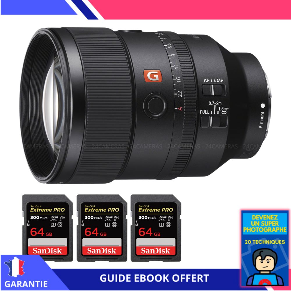 Sony FE 135mm f/1.8 GM Lens + 3 SanDisk 64GB UHS-II Cards + 'Become a Super Photographer' Ebook - Sony FE Lens for Hybrid Cameras