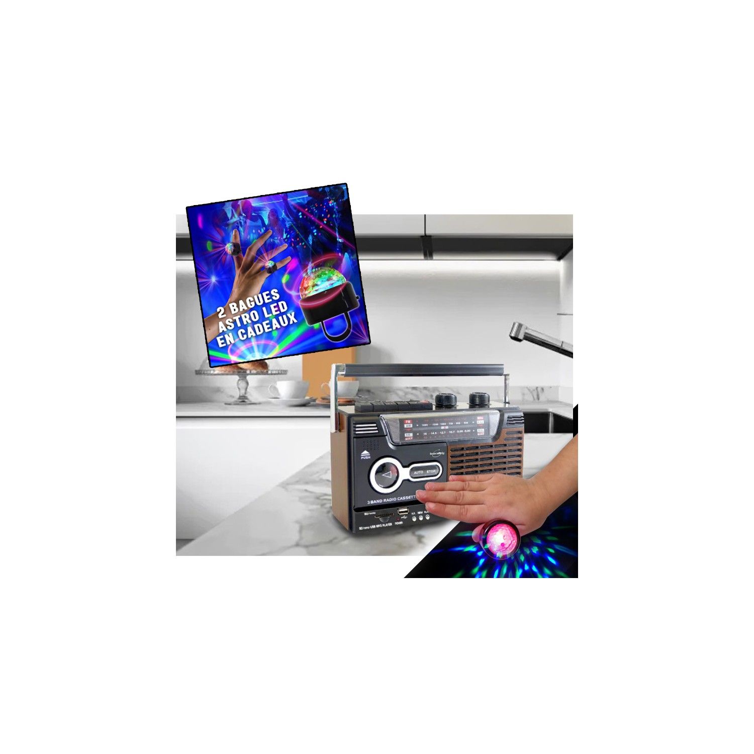 Inovalley Retro USB Radio Cassette - FM/AM/SW, Audio K7 Recorder, 1 x 8W, LED Ring Lights Gift Set