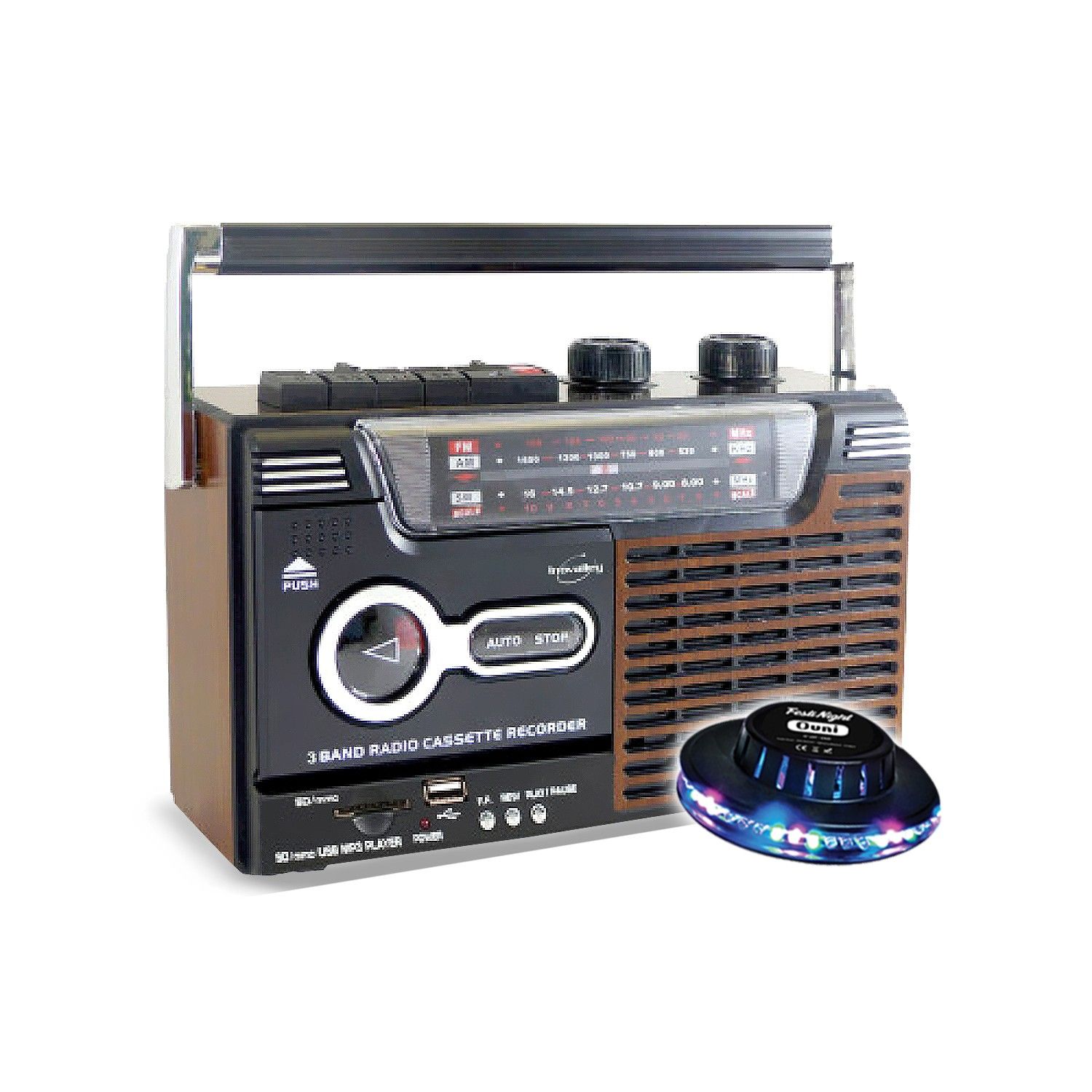Inovalley RK10N Retro Radio-Cassette with USB - FM/AM/SW Radio, K7 Audio Recorder, 8W Speaker, LED UFO Light