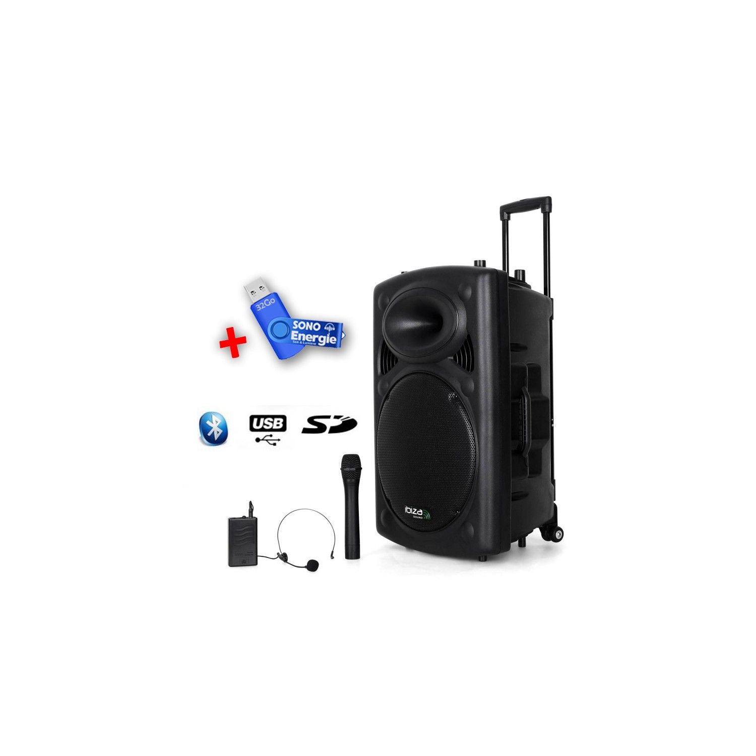 Ibiza Sound Portable Public Address System 700W + 2 Wireless Microphones VHF-BT + USB 32GB Key