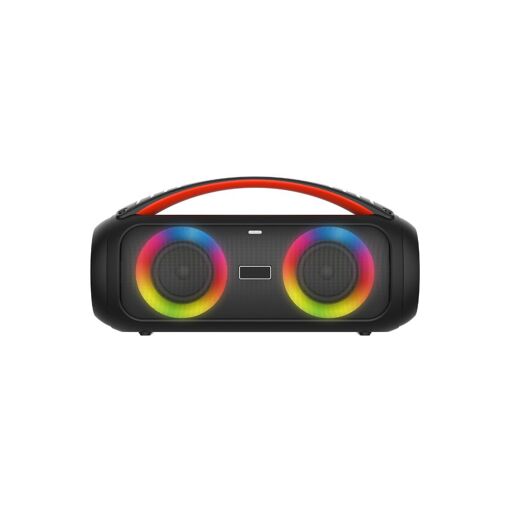 Altavoz de fiesta BT RMS 26W, lector de USB/Micro SD, entrada Aux IN, Micro IN, radio FM, 4500mAh, IPX5, muestra de luces, asa para transportar, control remoto incluido
