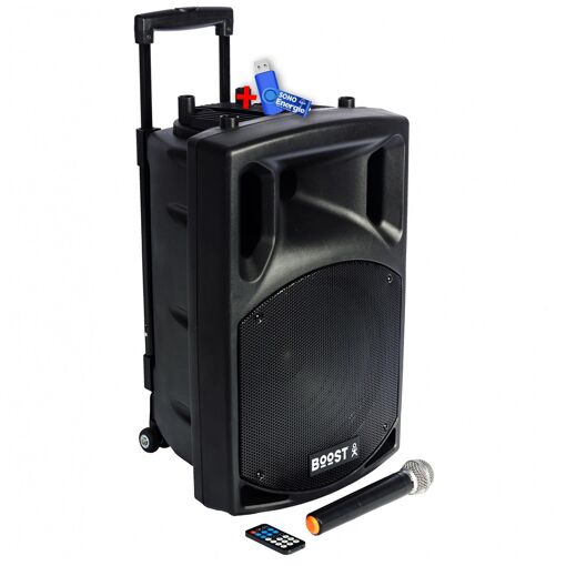 Altavoz portátil autónomo Boost BOOST150VHF-BT - 800W - 15/38 cm con USB Bluetooth, 1 micrófono VHF y llave USB de 32 GB