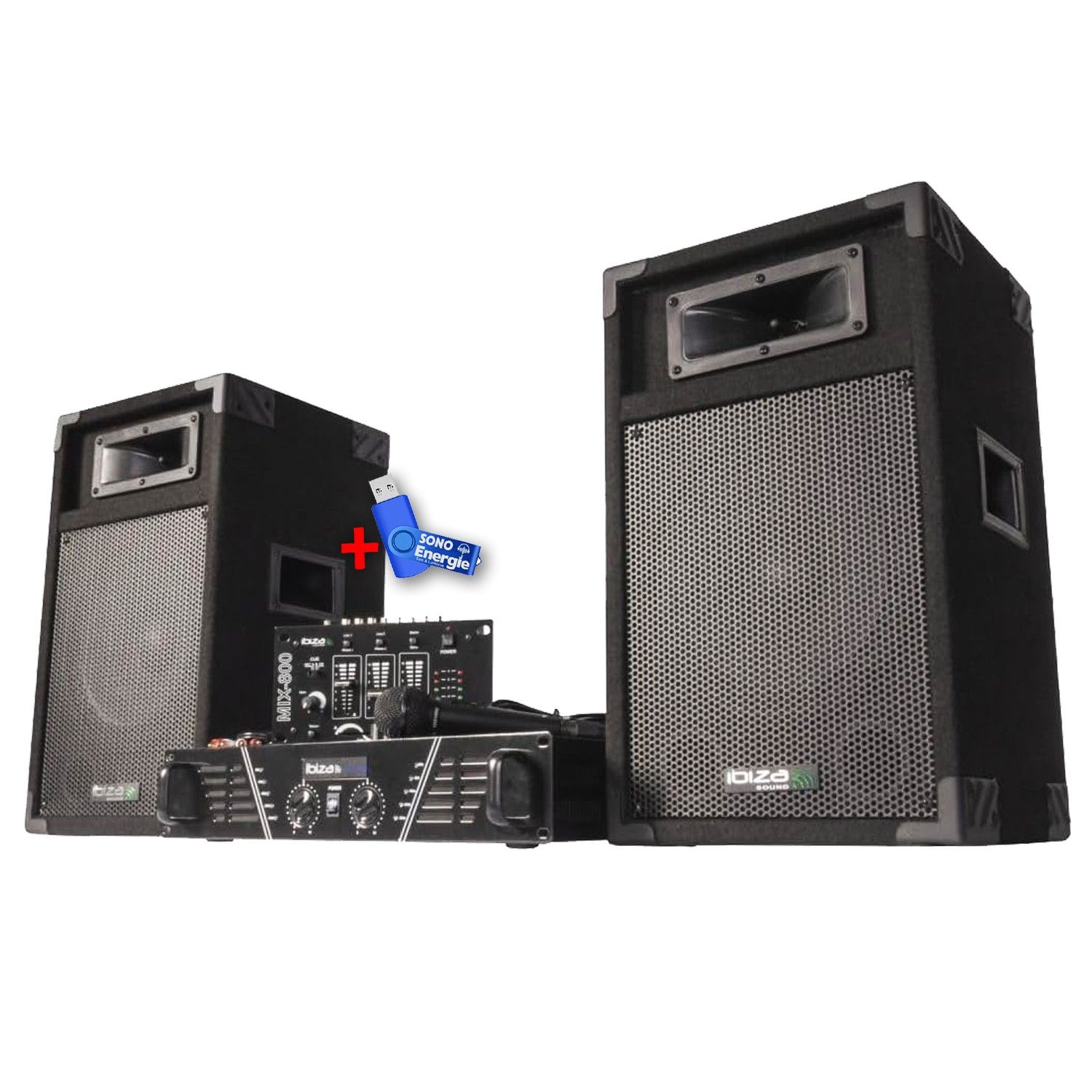 Pack Sono Complet Ibiza DJ300 480W + Table de Mixage + 2 Enceintes + Micro + Clé USB 32Go