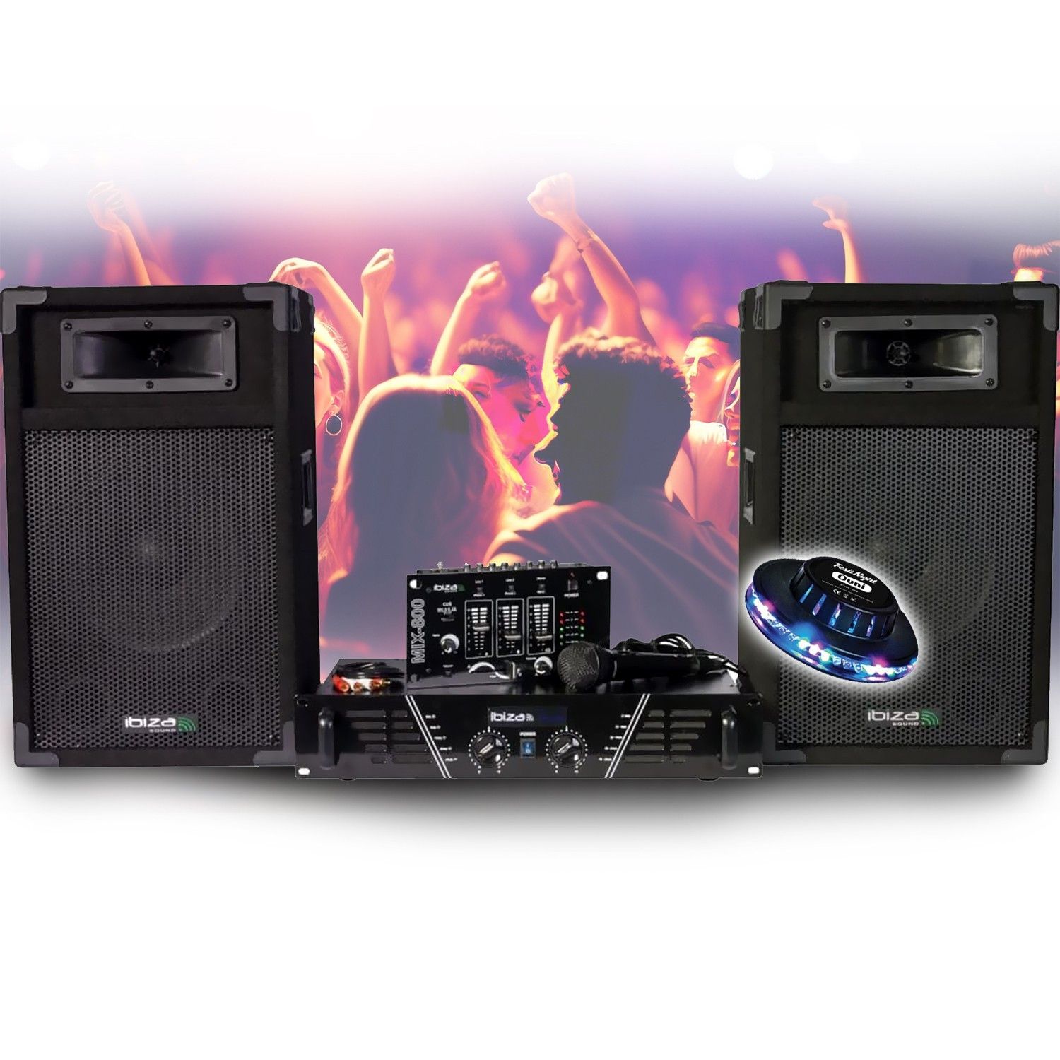 Complete DJ Sound System Kit Ibiza Sound AM-300 - Mixer - Speakers - Microphone, UFO LED Light Set
