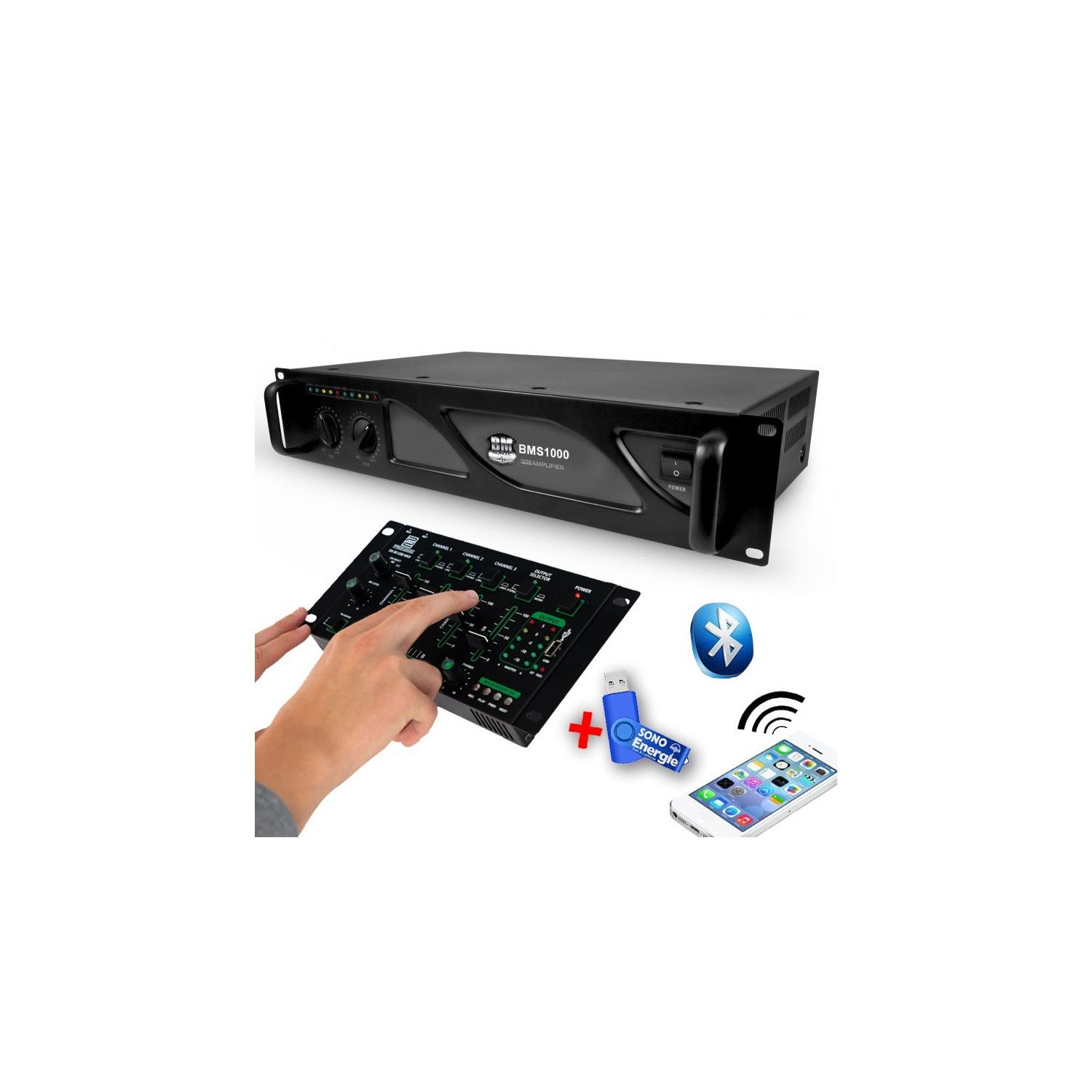 Amplificateur de sonorisation DJ BMS SONIC BMS-1000 - 2 x 500W + table de mixage USB Bluetooth + clé 32 Go