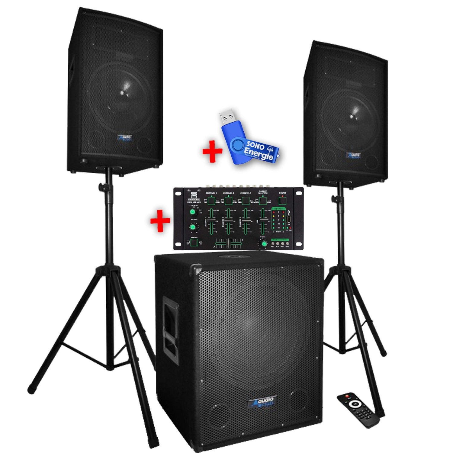 Sistema de Sonorización Completo 2200W Altavoces + Subwoofer BM SONIC BMS1512 con Mesa Mezcladora Bluetooth USB + Llave USB de 32GB