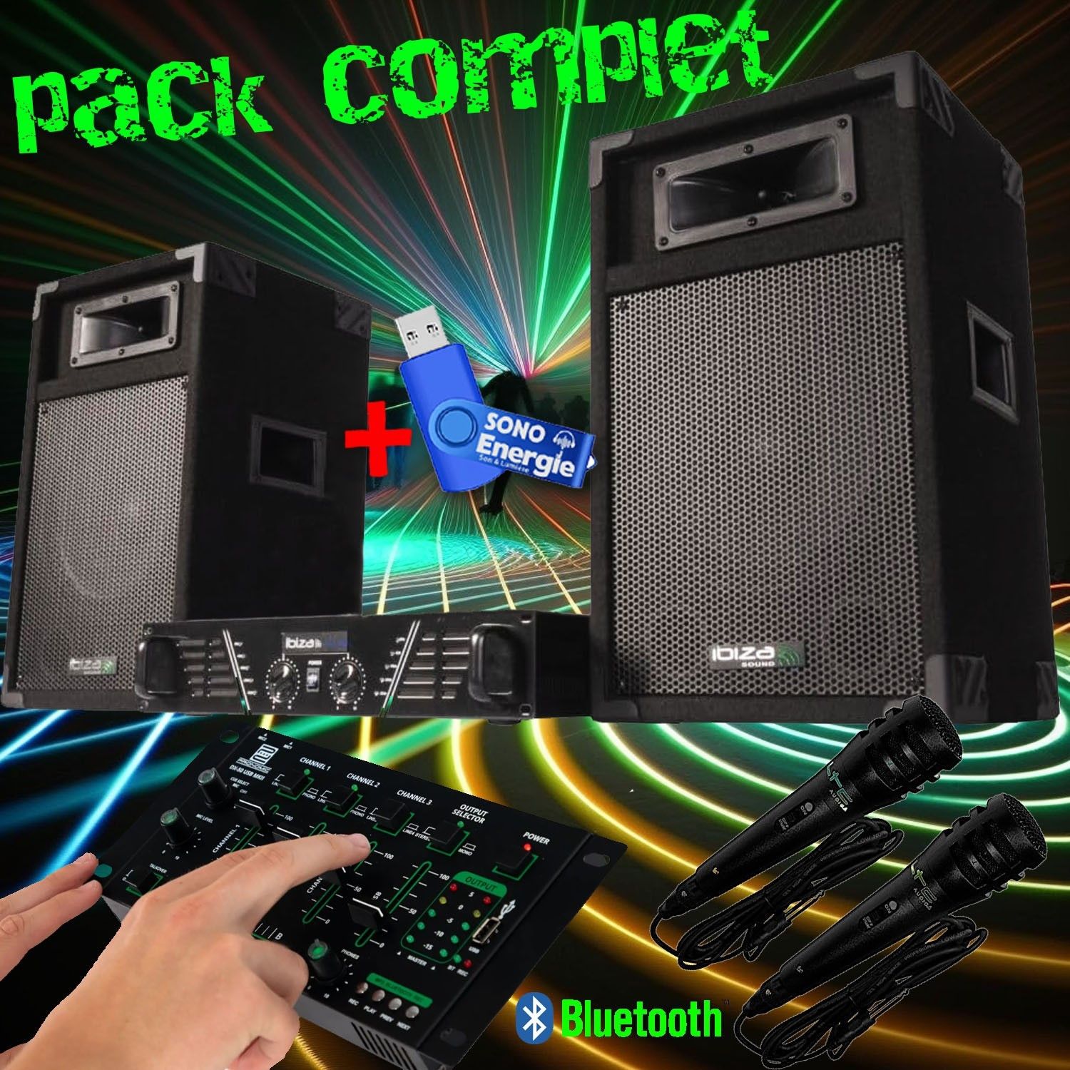 Pack sonorisation Karaoké Ibiza complet DJ300 480W + table de mixage Bluetooth + 2 haut-parleurs + 2 micros + clé USB 32Go