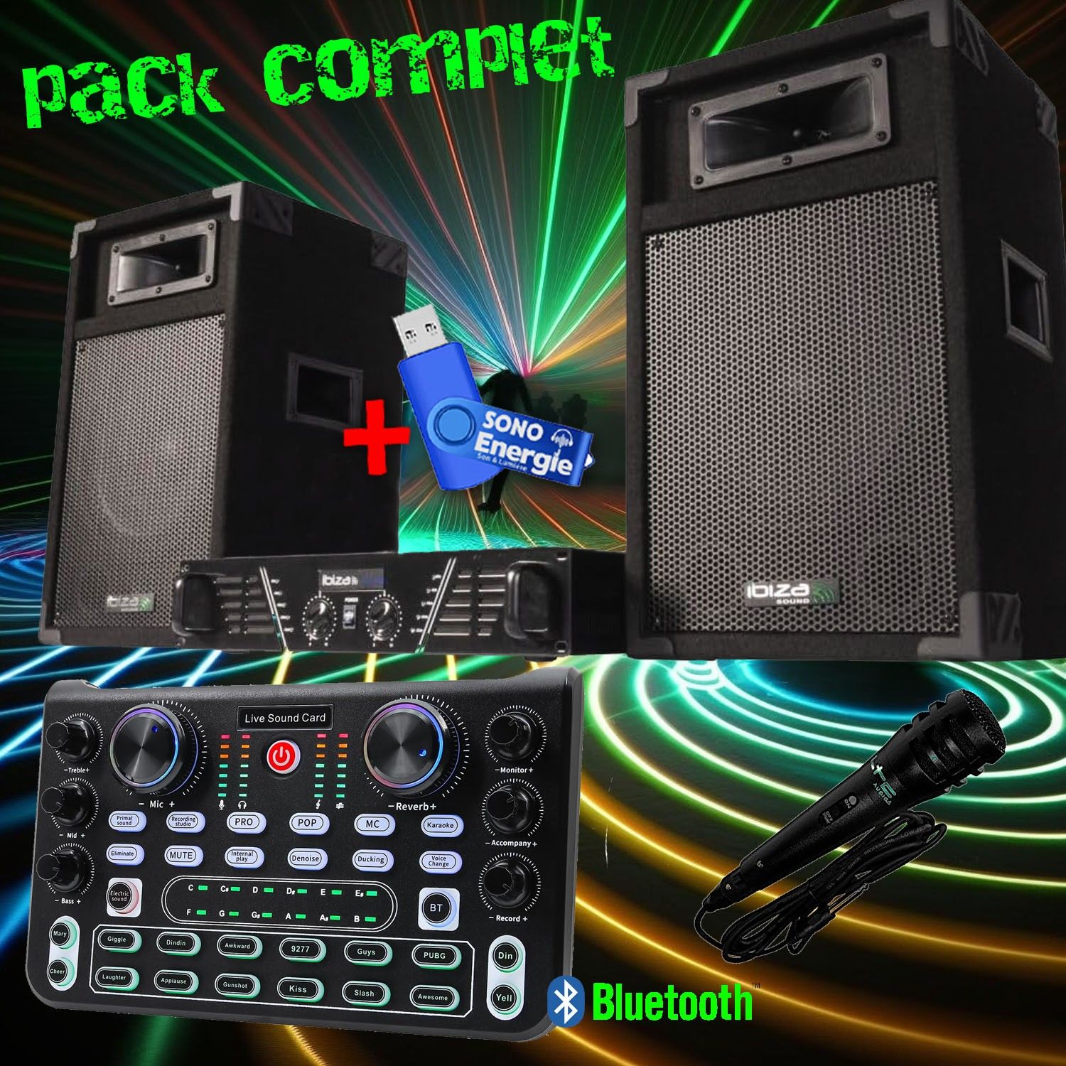 Pack de sonido Gef-roy Ibiza DJ300 480W con mesa mezcladora Bluetooth, 2 altavoces, micrófono y llave USB de 32 GB