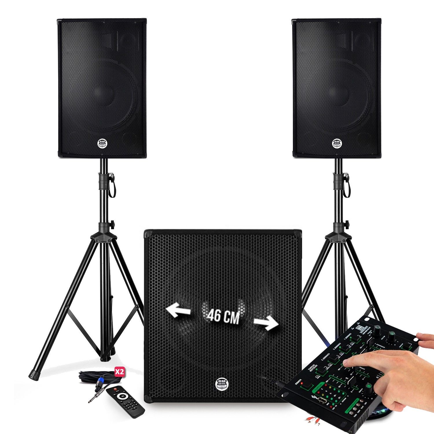 BM SONIC BMS-1815 2700W Speaker System - 15" Subwoofer + 18" Sub + Stands - USB/Bluetooth - Pronomic 4-Channel Mixing Desk