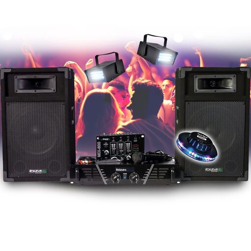 BMI Disco 480W Ibiza Sound DJ300 Amplifier - Mixer - Speakers - Microphone, Light Package OVNI LED Strobe Lights