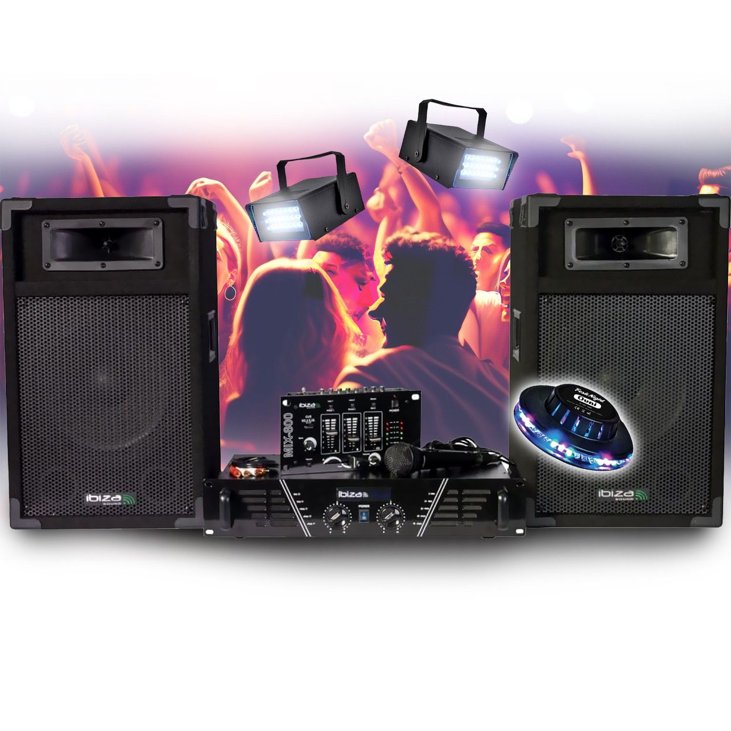Kit de sonorisation complet BMI Disco 480W Ibiza Sound avec amplificateur, table de mixage, enceintes, micro et éclairage OVNI LED Strobe