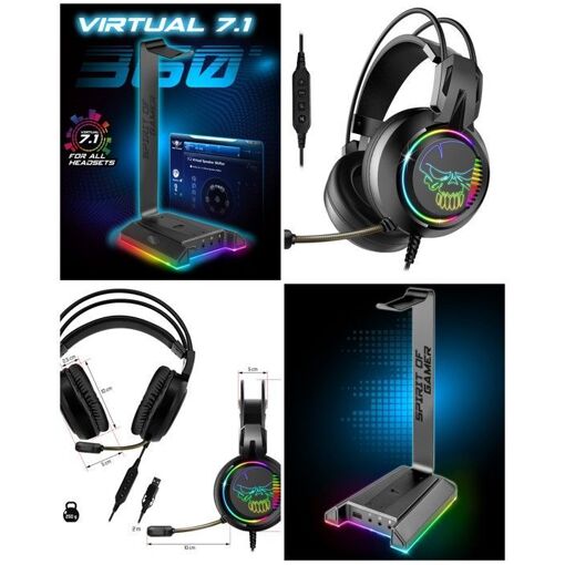 Auricular de juego Spirit of Gamer RGB con sonido envolvente virtual 7.1 - Circunvalar - Con cable - Negro