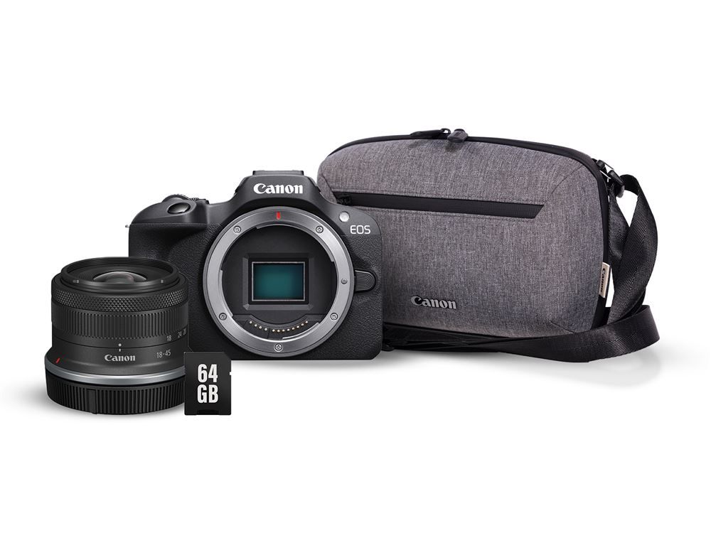 Canon EOS R100 Hybrid Camera Black + RF-S 18-45mm f/4.5-6.3 IS STM Lens + Camera Bag + 64GB SD Card