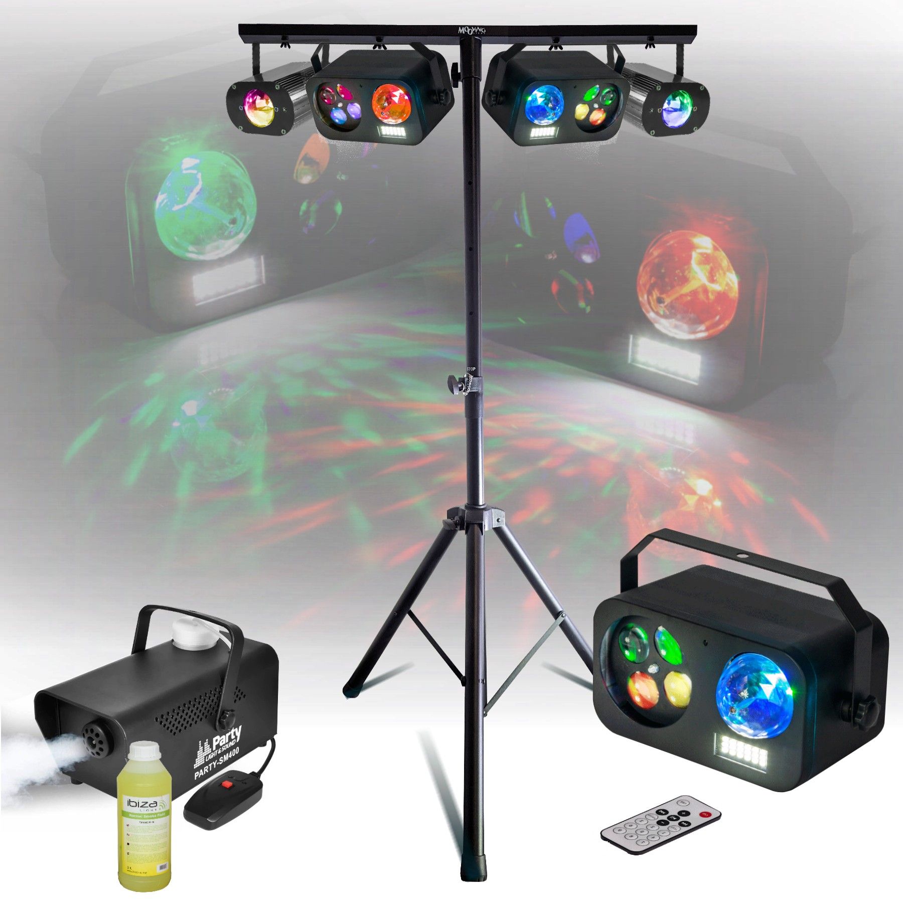 Kit d'éclairage MOOVING LIGHT & SOUND ML-SUPPORT-DJLIGHT à 4 jeux de lumières Astro Gobo Stroboscope avec machine à fumée et support