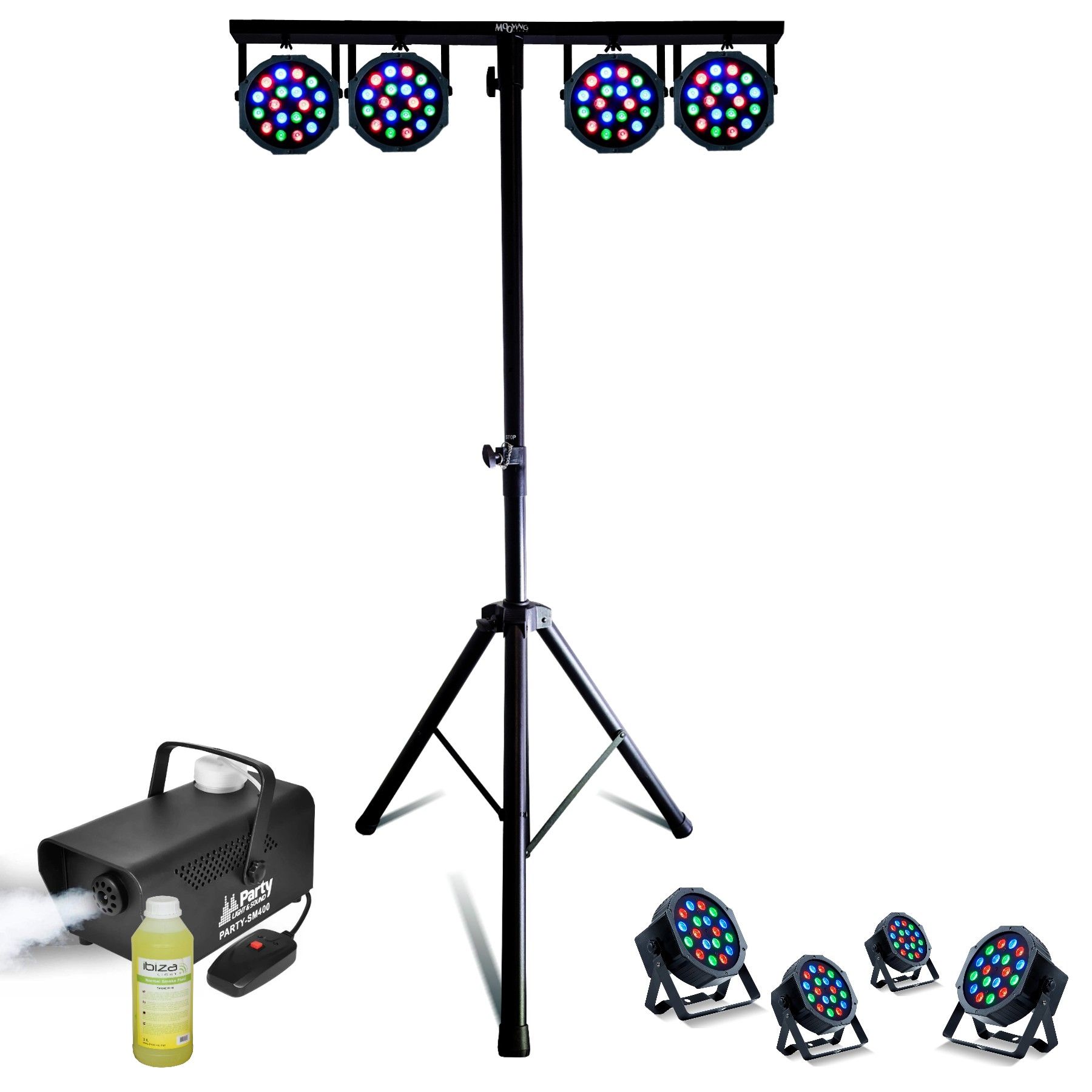 Kit de lumière et son MOOVING LIGHT & SOUND ML-SUPPORT-DJLIGHT réglable - 4 projecteurs PAR RGB - Machine à fumée - Fête d'anniversaire