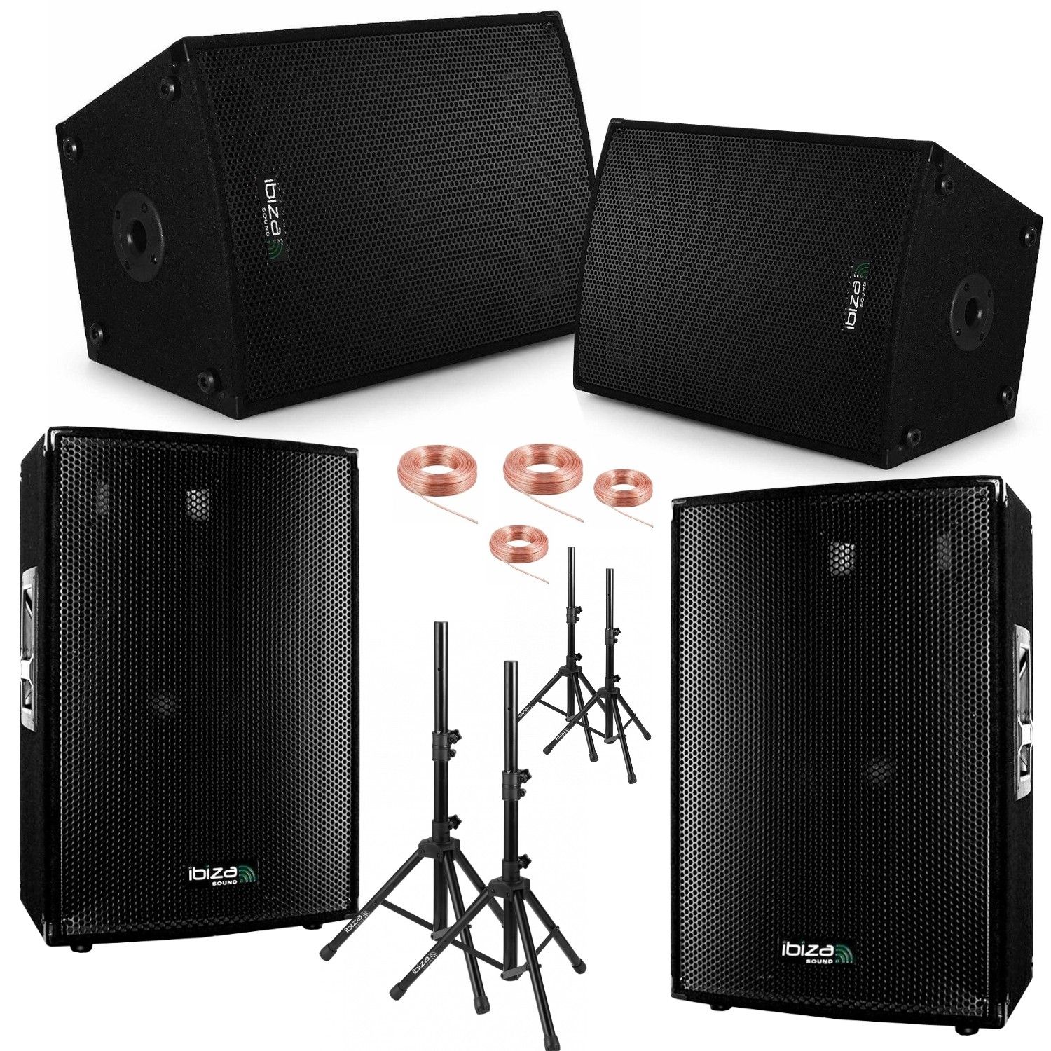 Paquete de Son Ibiza Total - 2400W, 4 Altavoces de 600W, Piezas de Apoyo para Altavoces, Cables