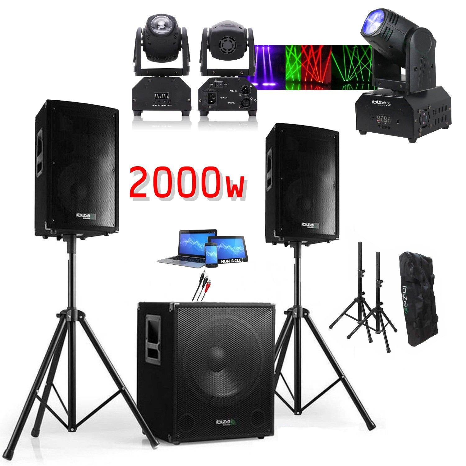Ibiza Sound 2000W Pack - 800W Subwoofer, 600W Speakers, DMX Beam Lyre