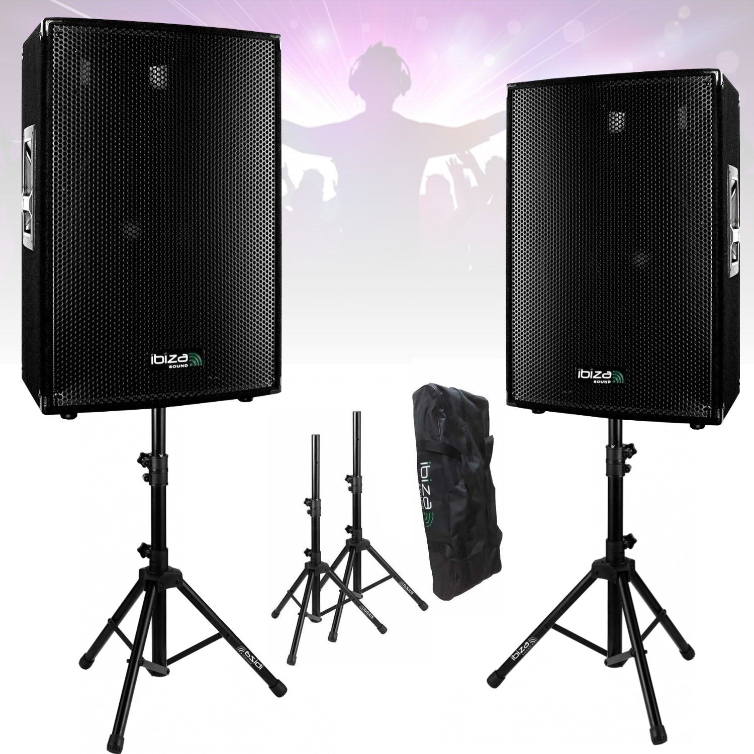 Paquete Ibiza Sound Total 1200W - 2 Altavoces de 600W - 2 Piezas de Soporte para Altavoces