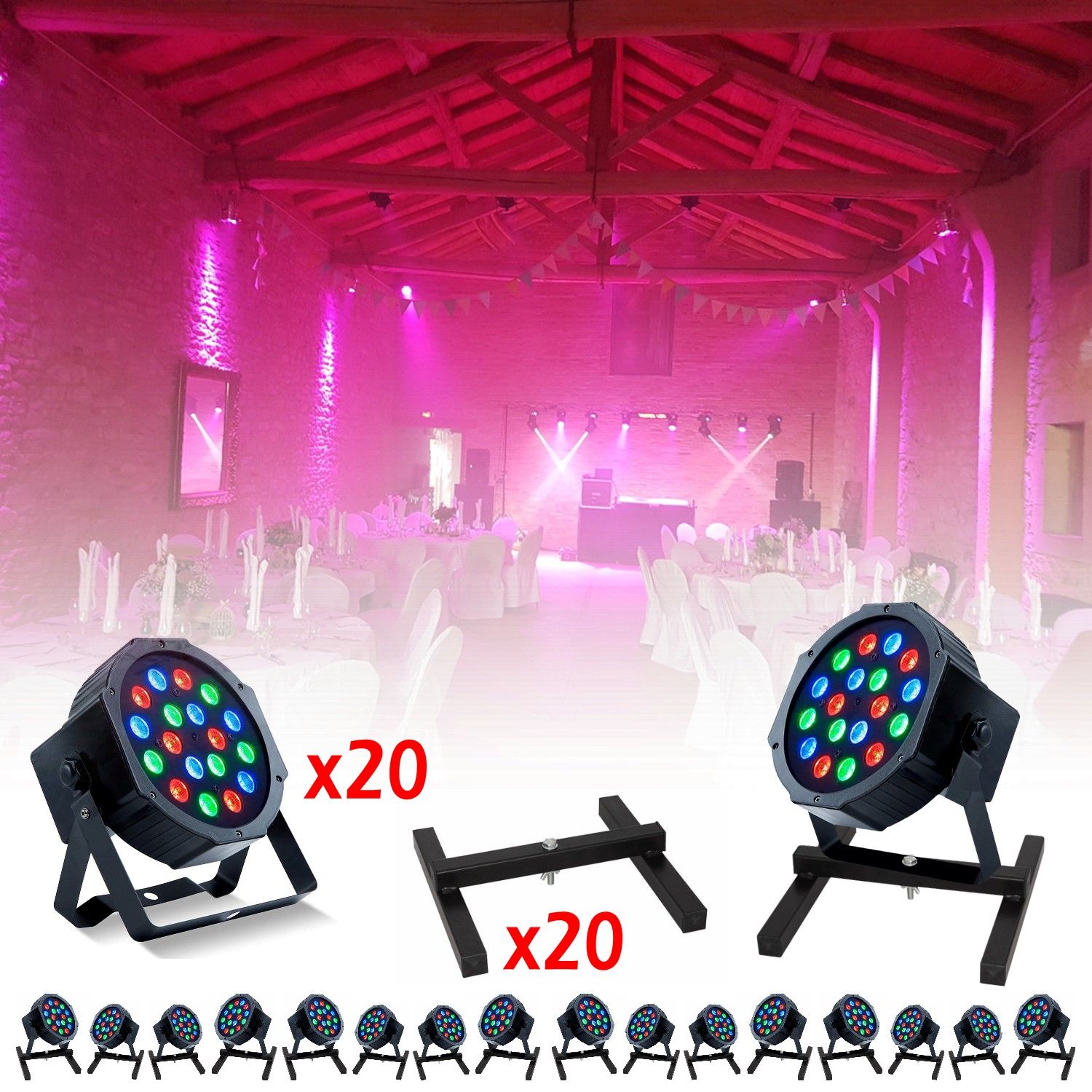 Party Pack Light 20 RGB Projectors PARTY-PAR181 + 20 Sol Ibiza SL1 Bases