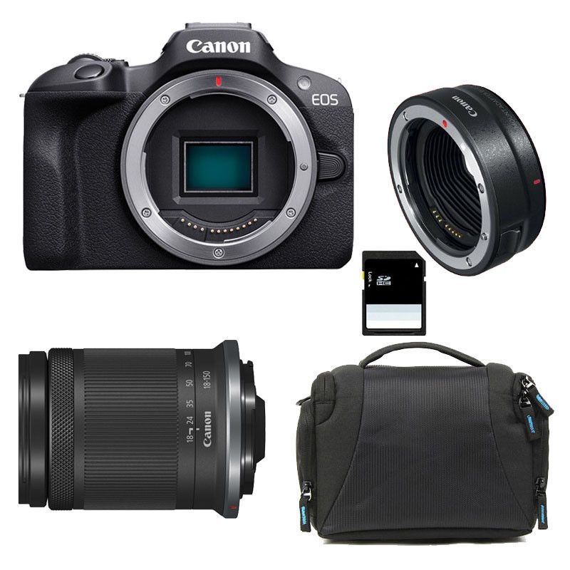 Canon EOS R100 + RF-S 18-150mm f/3.5-6.3 IS STM 3-Year Warranty + Bag + 8GB SD Card + EF-EOS R Ring